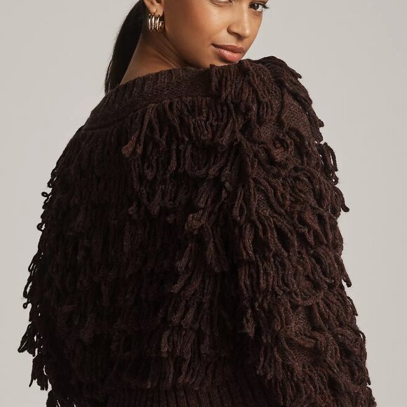 Anthropologie Brown. Loopy Fringe Textured Cardigan Size L. NWOT - Picture 5 of 9